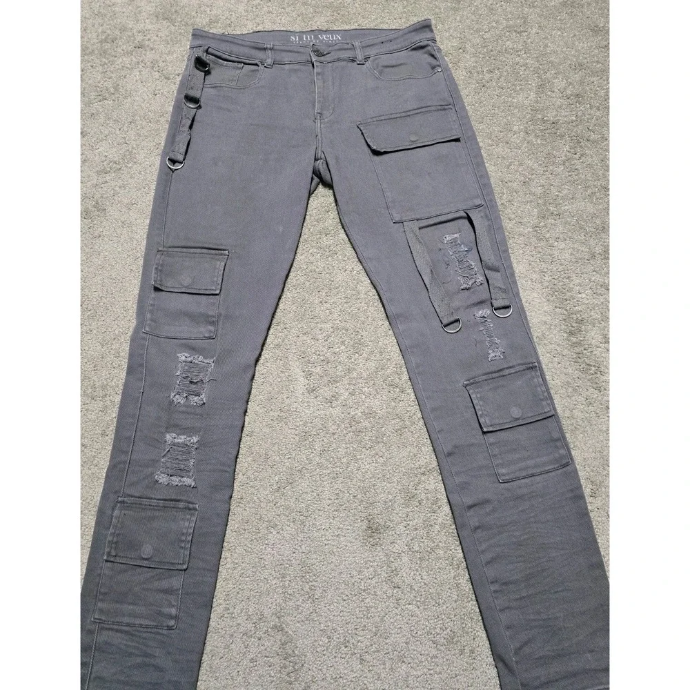 Si Tu Veux Serge De Nimes Men's Size 34 Smoke Gray Wax Stacked‎ Cargo Jeans